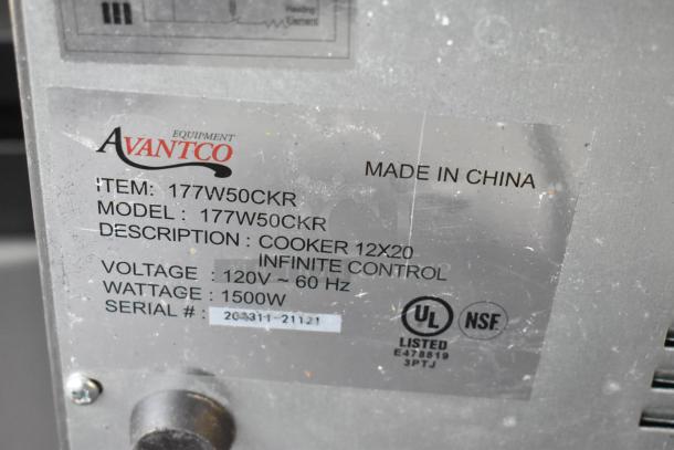 2023 Avantco 177W50CKR stainless steel food warmer label showing model, voltage (120V), wattage (1500W), and certifications.