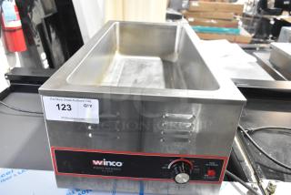 Winco FW-L600 stainless steel food warmer, commercial countertop model, 120 volts, 1 phase. Good condition.