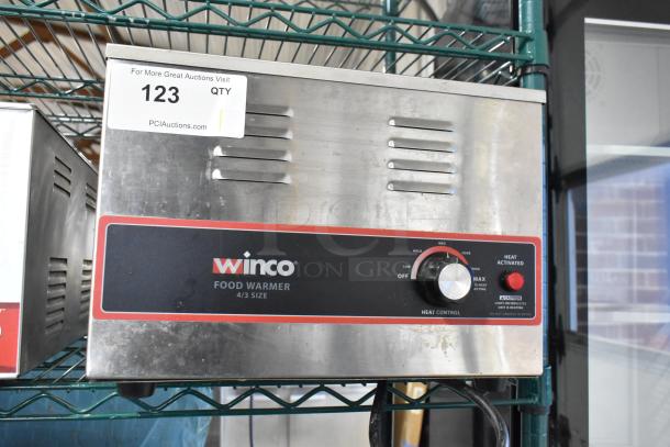 Winco FW-L600 stainless steel countertop food warmer, 120V, 1 phase, with heat control dial and venting, in used condition.