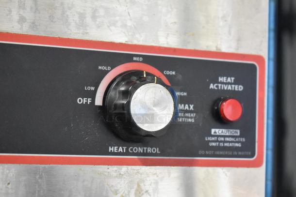 Winco FW-L600 stainless steel food warmer, control panel with heat settings and red activation button, 120V, 1 Phase.