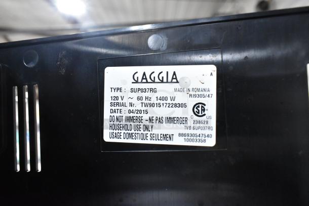 Gaggia Brera SUP037RG stainless steel espresso machine label. 120V, 60Hz, 1400W. Serial: TW901517228305. Made in Romania.