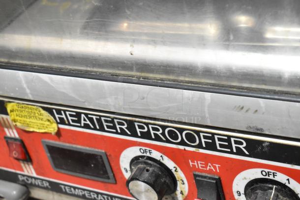 2018 Bevles HPIC-6836 Heated Holding Cabinet with control knobs, heater proofer label, and warning sticker visible.