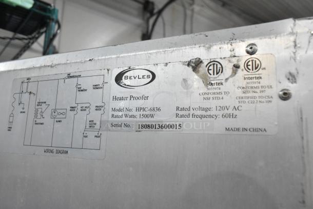 2018 Bevles HPIC-6836 heated holding cabinet, 120V, 1 phase, on casters. Features ETL labels, wiring diagram, rated 1500W.