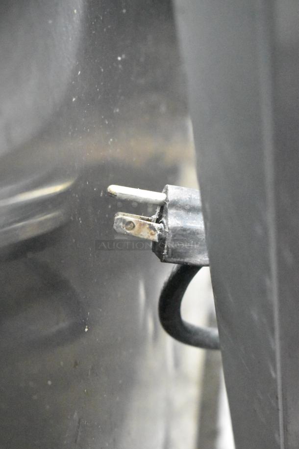 2018 Bevles HPIC-6836 metal heated holding cabinet plug detail. Shows wear. 120 volts, 1 phase.