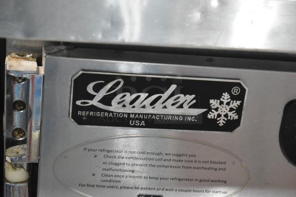 2021 Leader ESPT48 stainless steel commercial pizza prep table, logo showing. 115V, 1 phase, on commercial casters.