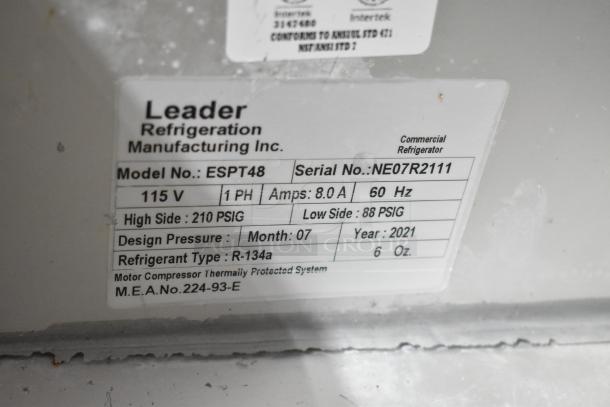 2021 Leader ESPT48 stainless steel pizza prep table label; details 115V, 8A, model ESPT48, R-134a refrigerant.