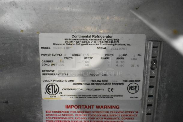 2016 Continental SW48-18M stainless steel commercial sandwich prep table label showing model, power supply, and refrigerant info.