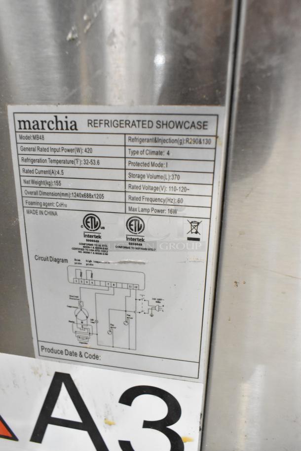 Marchia MB48 stainless steel deli display case label, showing model, dimensions, power specifications, and circuit diagram.