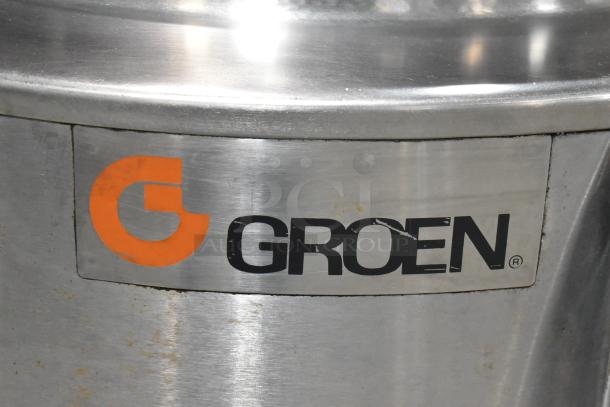 Groen AH/1E stainless steel 80-gallon steam kettle, propane gas powered, with manufacturer's logo visible.