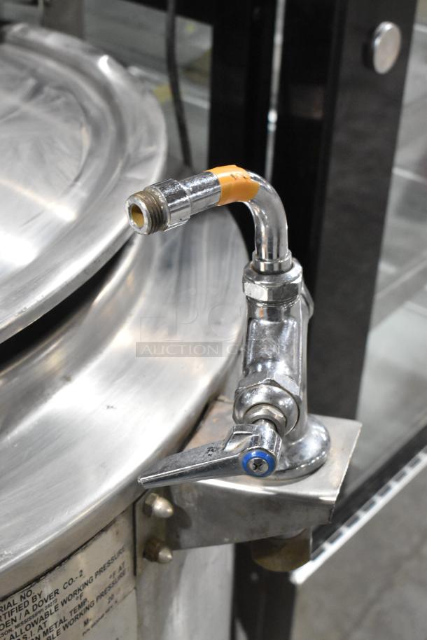 Groen AH/1E 80 Gallon Steam Kettle, stainless steel, propane gas, commercial floor style, with spout and valve detail.