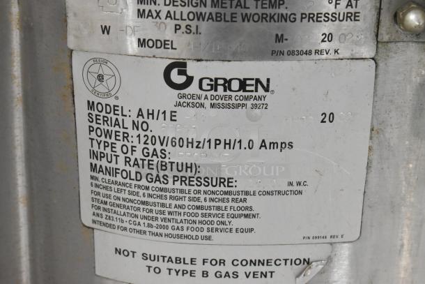 Groen AH/1E commercial 80-gallon steam kettle; stainless steel, propane-powered, model details and gas specifications shown.