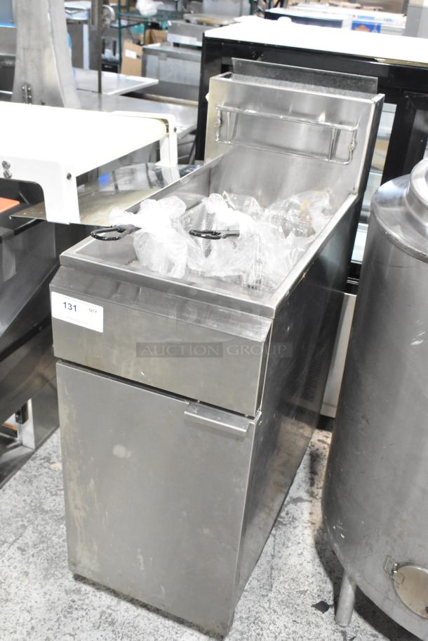 KUT50FRN50SNG stainless steel commercial gas deep fat fryer with two metal baskets, visible tag marked 131, in used condition.