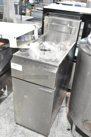 KUT50FRN50SNG stainless steel commercial gas deep fat fryer with two metal baskets, visible tag marked 131, in used condition.