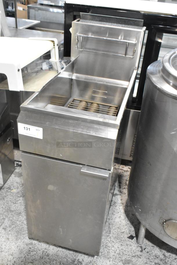 Stainless steel KUT50FRN50SNG commercial deep fat fryer with 2 metal fry baskets, natural gas powered, floor style.