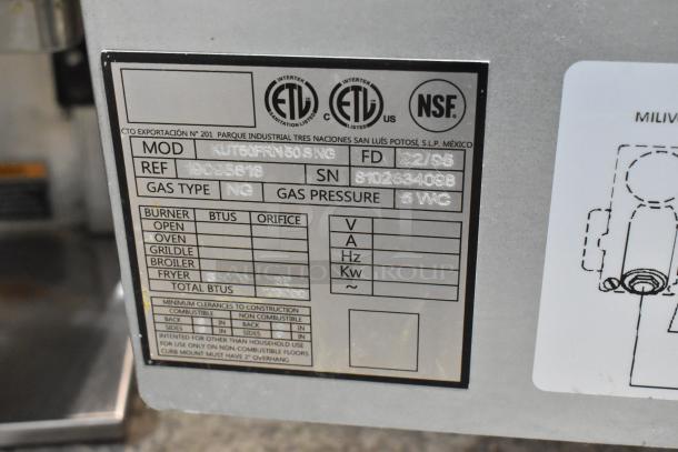 KUT50FRN50SNG stainless steel commercial gas fryer with 2 baskets. Model tag shows NSF, ETV listings, and gas specs.