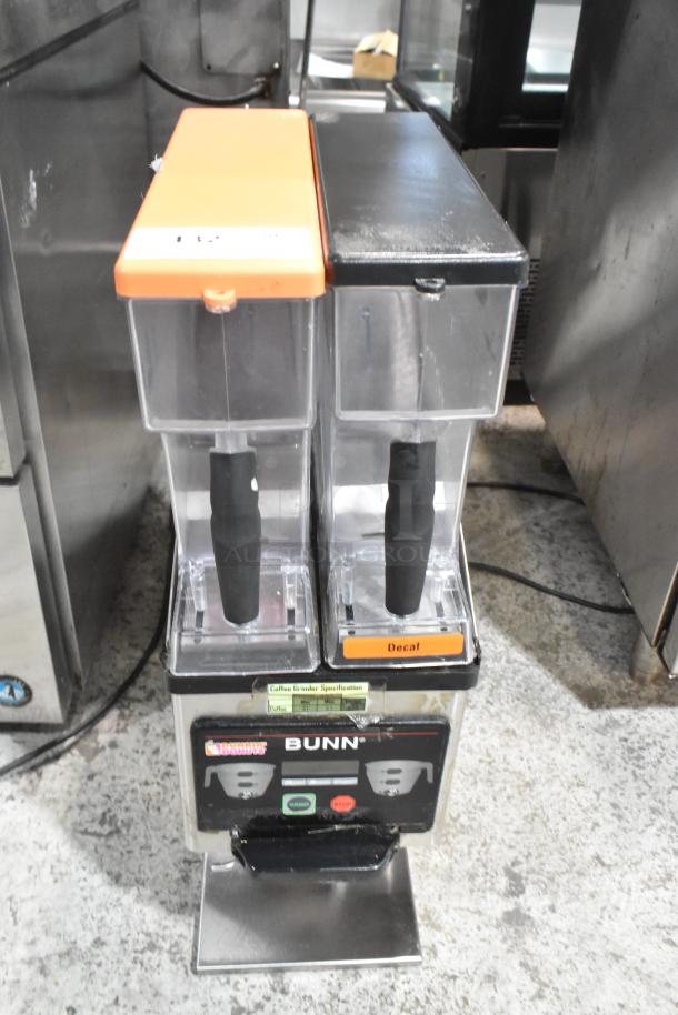 Bunn MHG stainless steel commercial coffee grinder, 2 hoppers, 120V, 1 phase, with "Decaf" label.