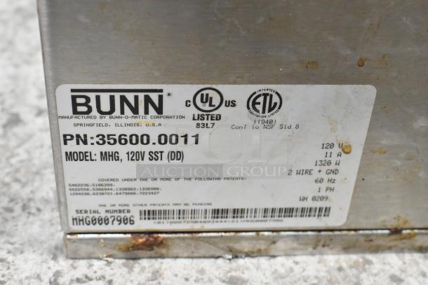 Bunn MHG stainless steel 2 hopper coffee bean grinder label showing model and specs, 120V, 1 phase, used condition.
