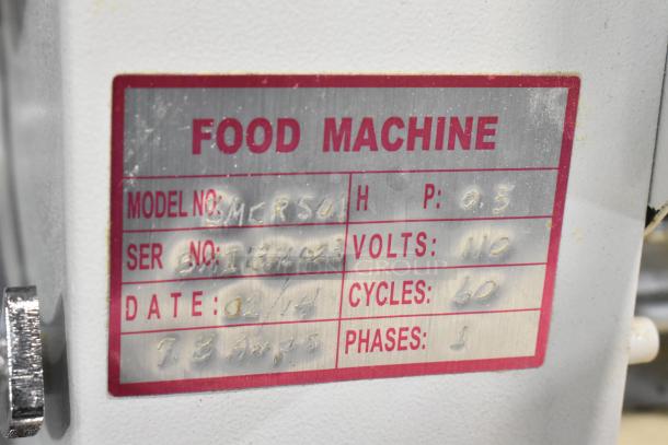 5MCR501 Metal Commercial Dough Sheeter, 110V, 1 Phase. Model 5MCR501 label showing serial no. and electrical specs.