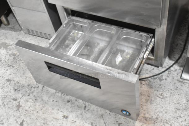 Hoshizaki CRMR27-D stainless steel 2 drawer undercounter cooler, shown with open drawers. 115V, 1 phase, commercial use.