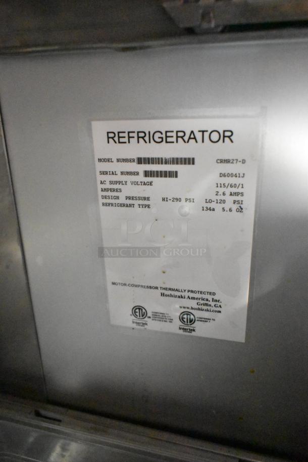 Hoshizaki CRMR27-D stainless steel undercounter cooler, 2 drawers, 115V, 1 phase. Visible label with model and specifications.