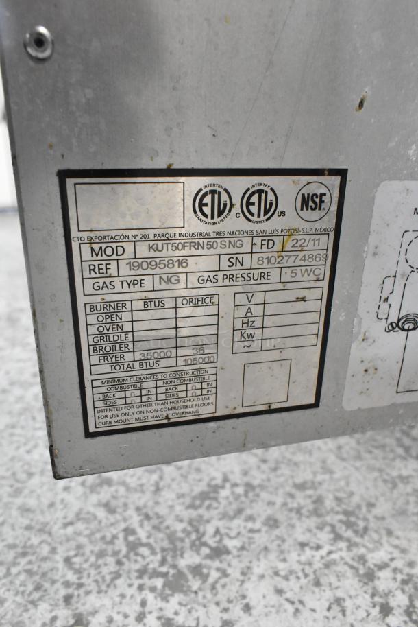 KUT50FRN50SNG stainless steel commercial gas fryer label, model details, ETL and NSF certified.