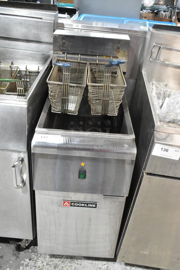 2023 Cookline CF-40D stainless steel commercial deep fryer with 2 metal fry baskets, 208 volts, 3 phase, good condition.