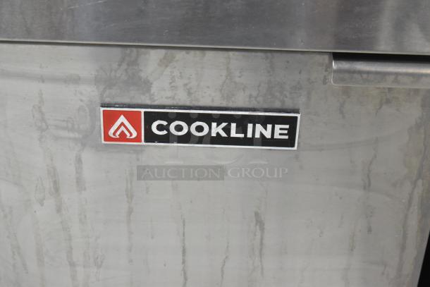 2023 Cookline CF-40D stainless steel electric fryer, floor style, with logo visible. 208V, 3-phase. Comes with 2 metal baskets.