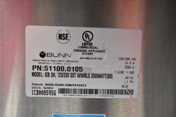Bunn ICB SH Stainless Steel Coffee Machine label. Includes model, 120/208V, 3500W, NSF and UL certifications, serial: ICB0085956.