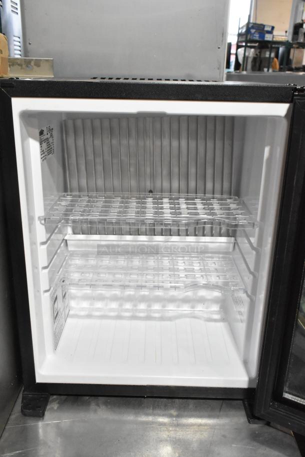 Summit MBH32GL Metal Mini Cooler Merchandiser, 110V, 1 Phase, glass door, dual shelves, excellent condition, interior labels visible.