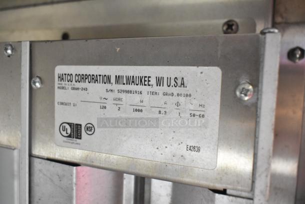 Hatco GRAH-24D commercial food warmer, metal, 120 volts, 1 phase. Label shows model, serial number, and certifications.