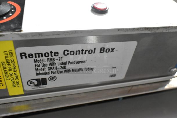 Hatco GRAH-24D commercial food warmer, metal, 120V, 1 Phase. Features remote control box with model label. UL and NSF certified.