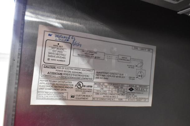 Hatco GRAH-24D commercial food warmer label indicating 1000W, 8.3A at 120V, inspected 3/5/19, UL listed, NSF certified.