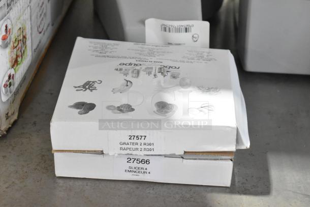 Robot Coupe R2N food processor, includes bowl, lid, continuous feed head, 27577 grater, 27566 slicer blades, 120V, 1 phase.