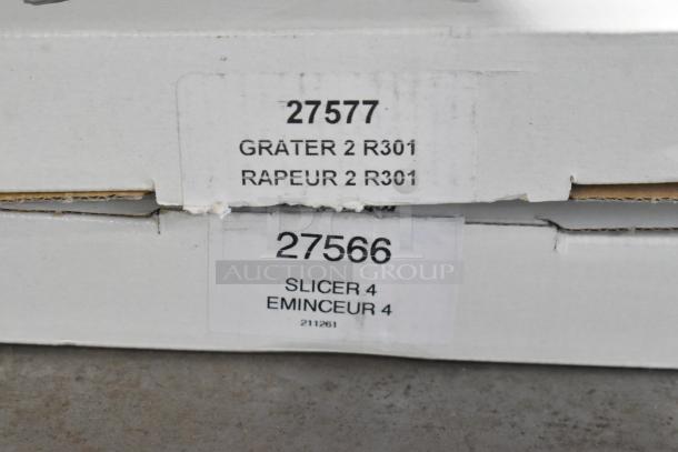 Robot Coupe R2N food processor labels showing grater blade 27577 and slicer blade 27566.