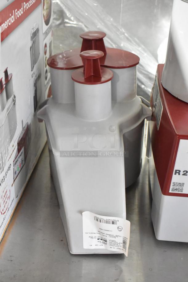 Robot Coupe R2N commercial food processor with bowl, lid, continuous feed head, grater and slicer blades, 120V.