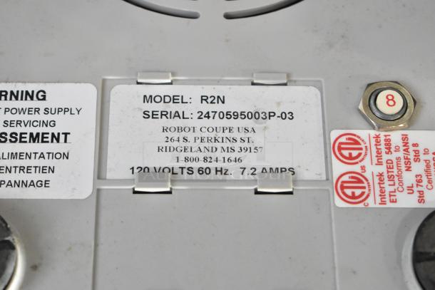 Robot Coupe R2N food processor label, showing model, serial number 2470595003P-03, and ETL certification. 120 volts, 7.2 amps.