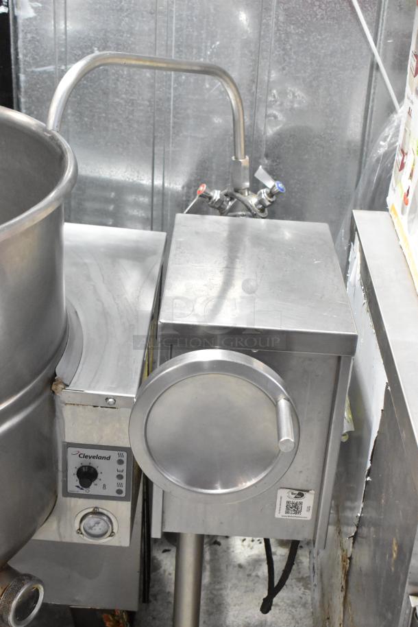 Cleveland stainless steel commercial tilting kettle, floor style, with control panel, in good condition.