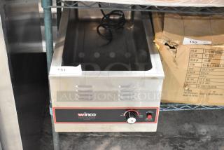 Winco FW-L600 stainless steel commercial food warmer, 120 volts, countertop model. Features adjustable heat knob.