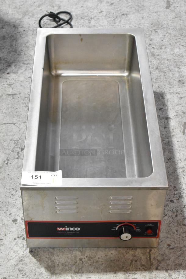 Winco FW-L600 stainless steel countertop food warmer, 120V, 1 Phase. Features control knob and visible label. Good condition.