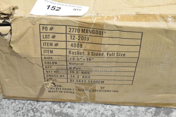 Box of chrome finish wire baskets with label. Size: 23.5" x 16". Contains 6 pieces. Box shows some damage.