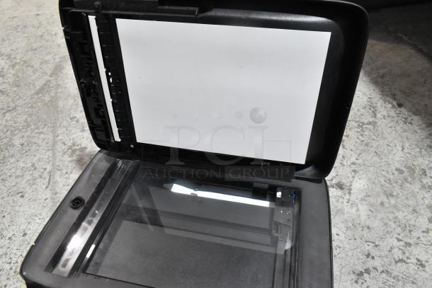 HP OfficeJet 3830 multifunction machine with scanner, copier, printer, and fax features. Open lid, clean condition.