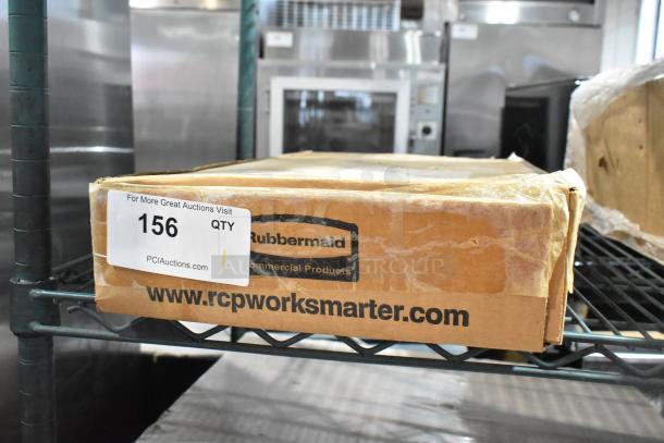 Brand new Rubbermaid FG781588 black high chair tray in original packaging, visible box label showing item details and auction info.