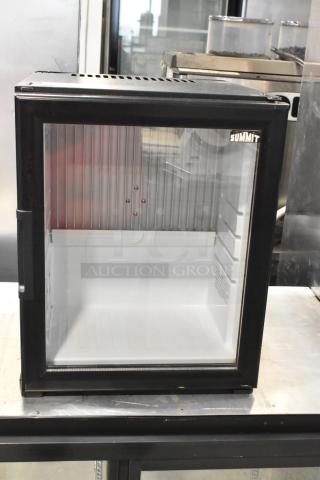 Summit MBH32GL mini cooler merchandiser, metal, 115V, 1 Phase, glass door, black frame, interior shelving visible.