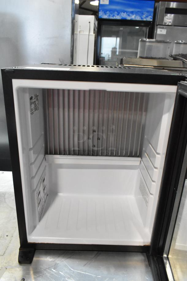 Summit MBH32GL metal mini cooler merchandiser, open, showing clean interior. Model label visible on side, 115V, 1 Phase.