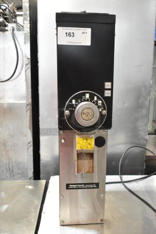 Grindmaster 890-B-T commercial coffee grinder, metal, 115V, with dial settings. Shows some wear. Model label visible.