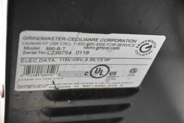 Grindmaster 890-B-T metal commercial coffee bean grinder, 115V, 1 phase. Features commercial label with model and serial number.