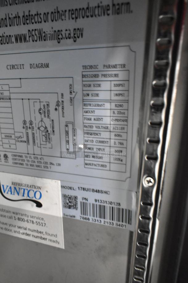 Avantco 178UBB48SHC 2 Door Undercounter Cooler, 115V, shows technical specifications and serial number label.