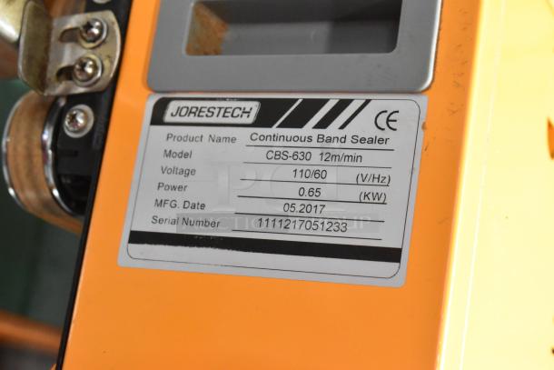 Jorestech CBS-630 Metal Band Sealer, 110V, 1 Phase. Serial: 1111217051233. Manufactured 05/2017. Model plate visible.