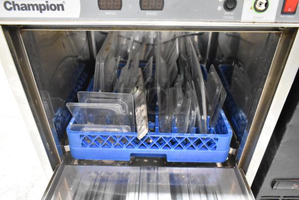 2016 Champion UH130B stainless steel commercial undercounter dishwasher with dish rack, 120-208/230V, 1 Phase.