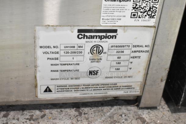 2016 Champion UH130B stainless steel commercial undercounter dishwasher, 120-208/230 volts, 1 phase. Model and compliance labels visible.